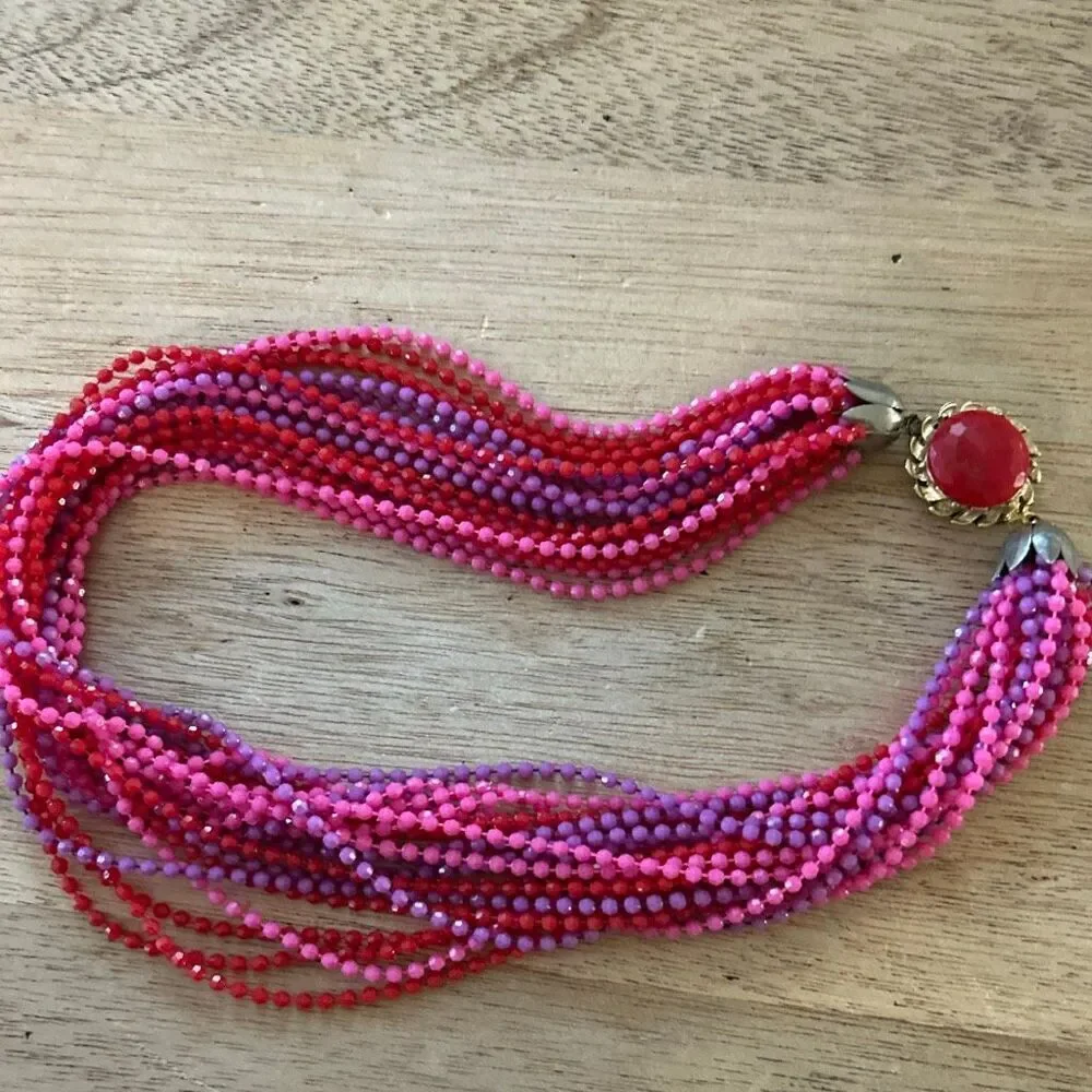 Vintage multi strand purple pink red beaded necklace with decorative clasp